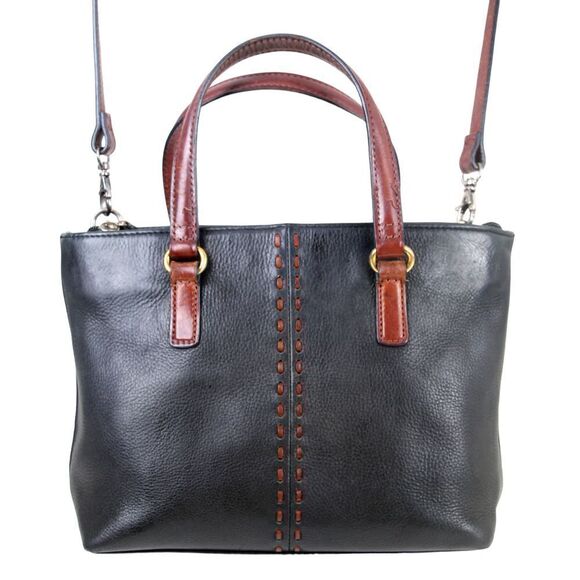 Fossil BLACK GENUINE LEATHER BROWN HANDLES SHOULDER BAG X-BODY SATCHEL HANDBAG - Picture 1 of 16